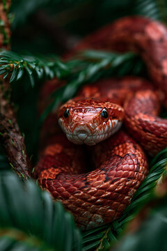 Red Snake Resting Between Tropical Flowers And Dark Leaves Showcasing Brilliant Camouflage Detailed Scales And Exotic Rainforest Setting