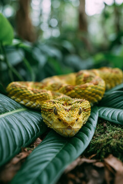Yellow Snake Resting Across Broad Green Leaves Displaying Brilliant Natural Camouflage Within Dense Tropical Forest Environment