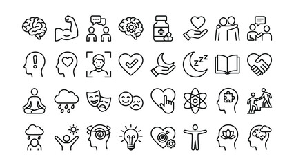 Fototapeta premium Collection of various line icons related to mental health and wellness symbols