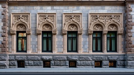Obraz premium A historic building facade with ornate stone carvings and arched windows