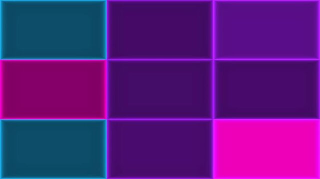 Abstract neon grid of colorful geometric rectangles and tiles with purple and pink glow for digital background 4K