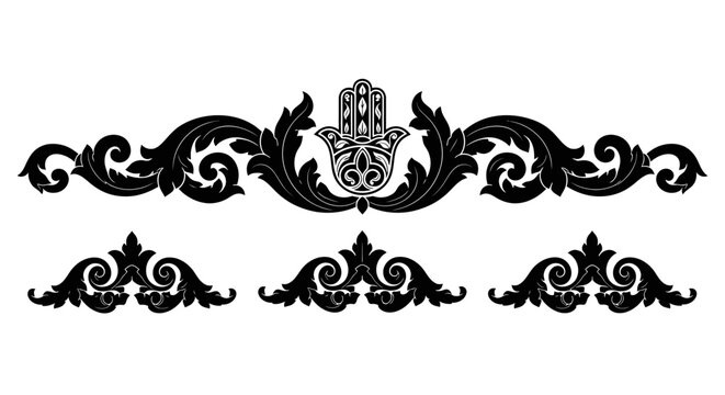 Hamsa hand symbol in baroque scroll ornament vector design elements isolated on white