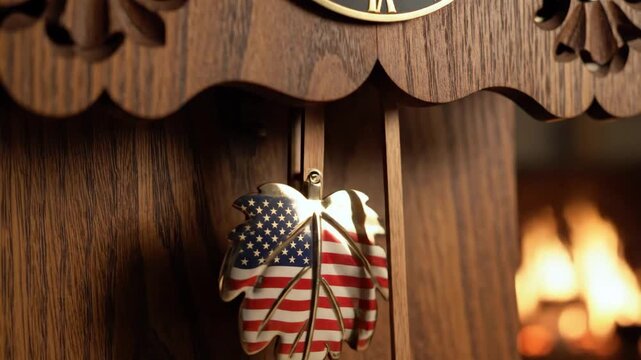 Premium 4K Seamless Loop of Vintage American Flag Pendulum Swinging on Wooden Cuckoo Clock with Warm Fireplace Glow