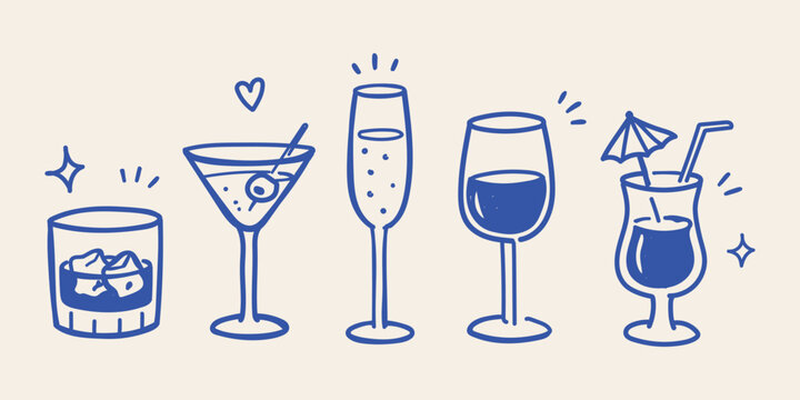 Hand Drawn Cocktail Glasses Doodle Set Vector Illustration, Martini Wine Champagne Whiskey Tropical Drink Sketch Icons Collection, Bar Menu Beverage Line Art Design

