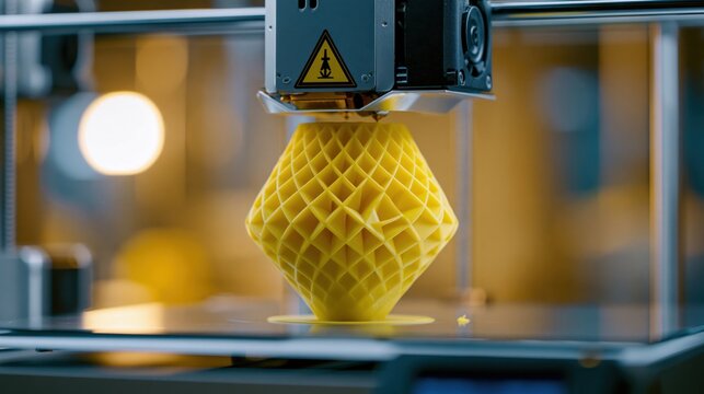 A 3D printer creates a yellow object with a diamond-shaped pattern in a factory setting.