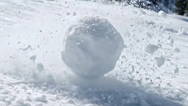 Snowball rolling downhill and growing larger in a snowy landscape