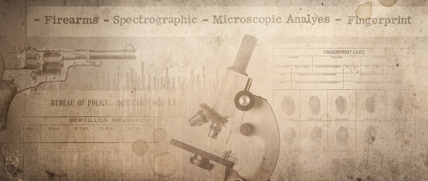 Artistic digital illustration inspired by Newspaper of crime news, police fingerprint are placed on a vintage background. Retro background on the theme of crime, police, detective, investigation.
