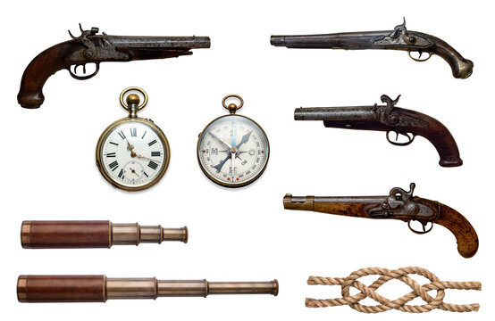 Old flintlock pistols, pocket watches, compass, telescopes, quill pen, nautical knot isolated on a white background. Maritime nautical antiques, navigational instruments, pirate artifacts.