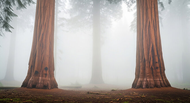 Majestic giant sequoia trees standing tall in a foggy forest landscape with thick trunks and branches
