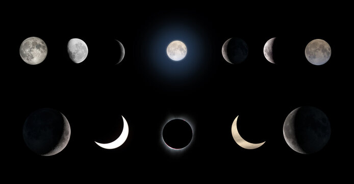 Moon phases set on black background showing new moon, crescent, half moon, full moon, and eclipse. Elements of this image furnished by NASA.