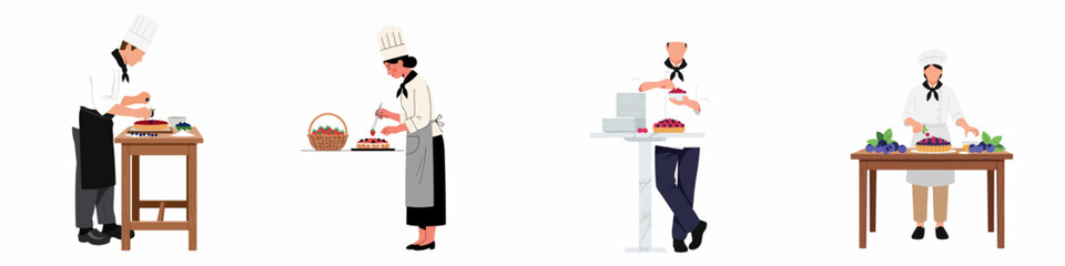 Set of professional pastry chefs and bakers preparing delicious berry tarts and cakes, flat vector illustration on white background. © Muqodimatul