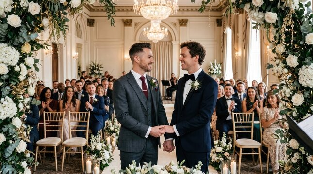 Two men in suits standing at a wedding ceremony, surrounded by floral decorations.
