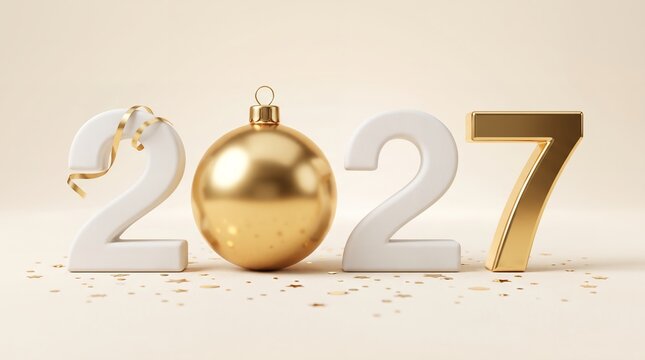 Three dimensional numbers two zero two seven with a shiny golden Christmas bauble replacing the middle zero and gold ribbon curls and confetti stars scattered across the matte cream surface