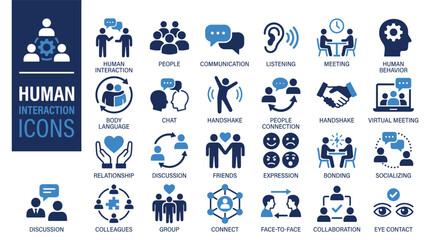 Fototapeta premium Set of business communication and teamwork icons in blue and dark grey colors for corporate office and management presentation