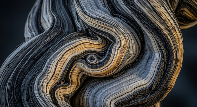 A close-up view of a wooden sculpture with swirling patterns and natural textures on display