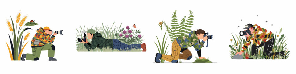 Set of illustrations featuring nature photographers in camouflage clothing capturing macro shots of insects and plants in the wild. © Muqodimatul