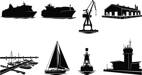 Maritime Transportation Silhouette Icon Set Featuring Cargo Ships Harbor Crane Marina Sailboat Buoy and Port Infrastructure © MdShahin