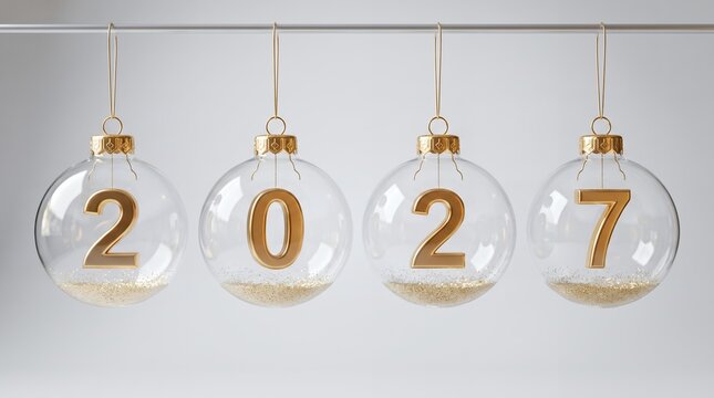 Four clear glass ornaments hanging on a metal rod contain golden numbers representing the year 2027 with sparkling glitter inside each globe against a plain soft neutral light color setting