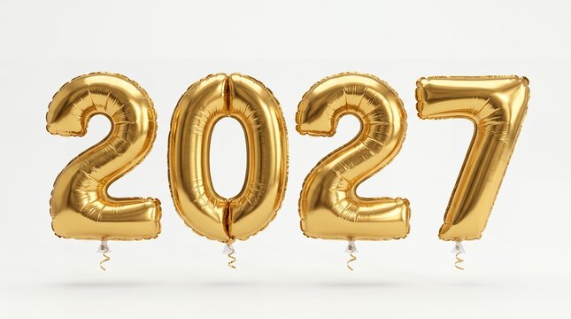 Four large metallic gold balloons shaped as the number twenty twenty seven are floating side by side to celebrate the upcoming new year and mark a significant future milestone in time ahead