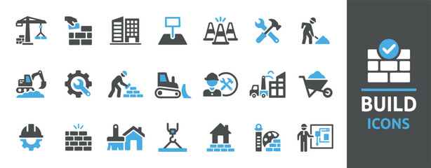 Construction Icon Set Crane Building Worker Tools Cement Bulldozer © Icon Stock