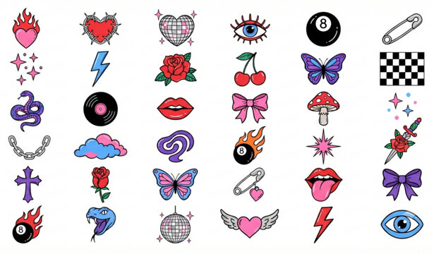 Retro Tattoo Doodle Collection with Disco Heart Barbed Wire Magic Eight Ball and Groovy Graffiti Vector Clipart