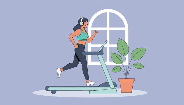 Energetic young woman running on a treadmill at home while listening to music with headphones near a houseplant.