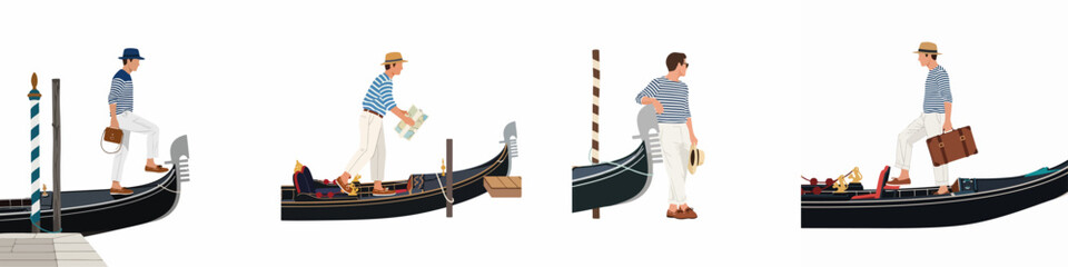 Vector illustration set of a man traveling in Venice on a traditional gondola, wearing a striped shirt and straw hat. © Muqodimatul