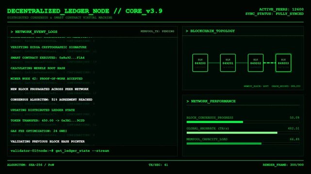 Blockchain Network Node Data Terminal Animation Cryptocurrency Technology Background.