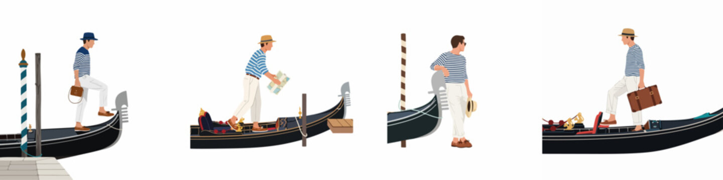 Vector illustration set of a man traveling in Venice on a traditional gondola, wearing a striped shirt and straw hat.