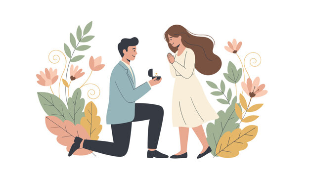 Romantic illustration of a man on one knee proposing to a woman surrounded by beautiful flowers and leaves.