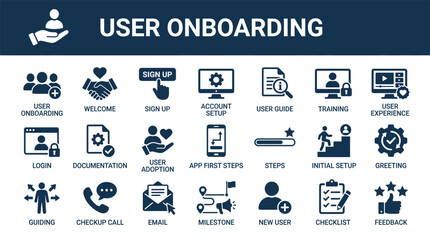 Fototapeta premium Set of user onboarding icons for business and digital mobile application interface design