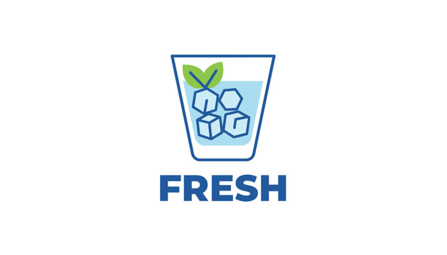 Fresh drink emblem featuring a glass of water with ice cubes, mint leaves, and the text fresh on white background.