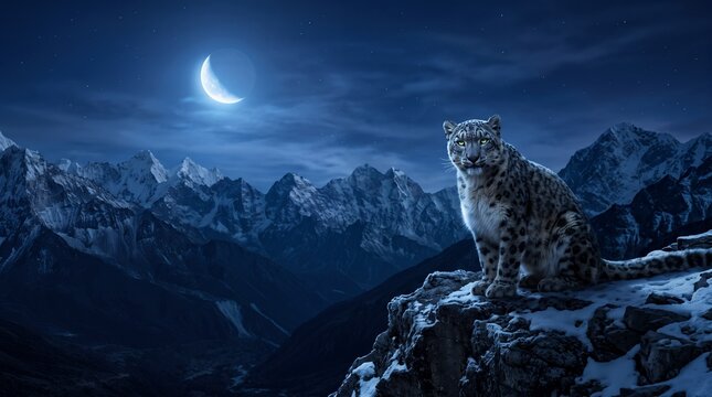 Snow leopard standing on snowy rocks while cold mountain wind gently blows its thick fur and long tail, dramatic yet clean alpine background