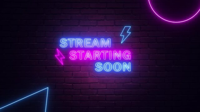 Neon stream starting soon text in blue and pink colours on pink brick wall animation, for intro live streaming social media. 4K video