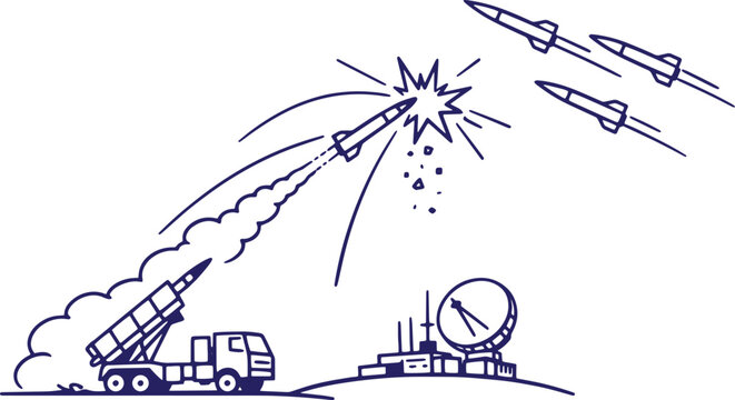 Air Defence System Intercepting Missiles Line Art Sketch, Military Missile Defense Illustration