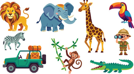 Obraz premium Cute African Safari Animals Vector Set Featuring Lion, Elephant, Giraffe, Toucan, Zebra, Monkey, Crocodile, Boy Explorer, and Offroad Jungle Tour Car Illustration