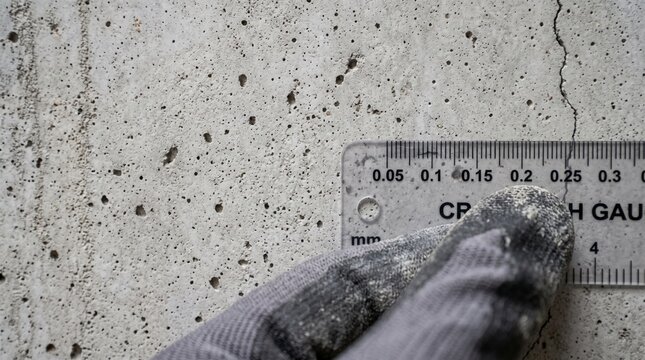 Measuring concrete crack width with a crack width gauge ruler.