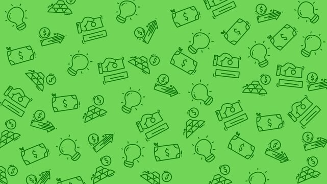 Doodle-style Financial Icons Seamless Pattern Loop Animation Background
Animated seamless financial icons pattern featuring money, banknotes, coins, light bulbs, arrows, cash, and investment symbols