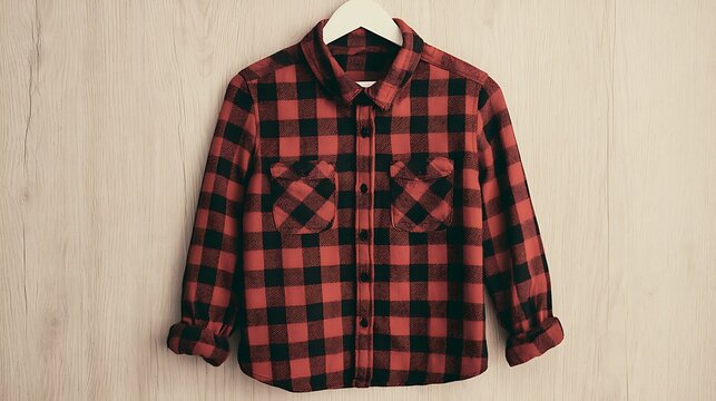 A red and black checkered flannel shirt hangs on a white hanger against a light wooden background. Casual autumn.