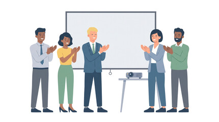 Fototapeta premium Diverse group of business professionals applauding in front of a presentation screen.