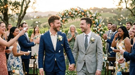Fototapeta premium Two men in suits walking down a aisle, surrounded by guests.