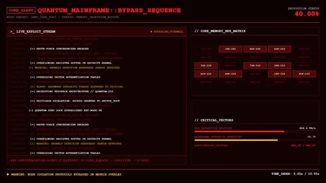 Quantum Mainframe Bypass Hacker Terminal Animation Red Screen Background.