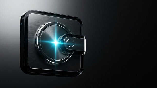 Futuristic digital wallet icon with metallic texture and glowing cyan light lock for secure fintech application interface background