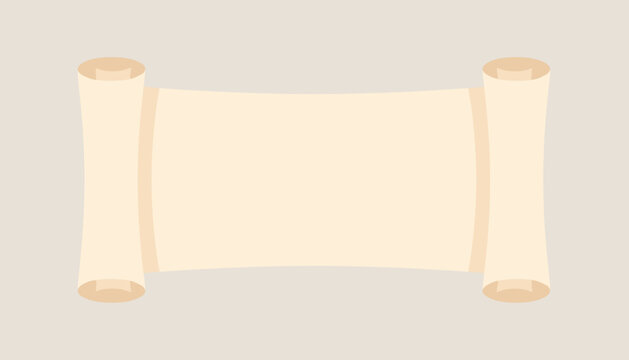 Vintage parchment paper scroll unrolled horizontally presenting blank space for your text on light gray background.