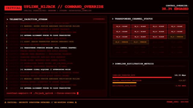 Satellite Uplink Hijack Hacker Terminal Animation Red Screen Background.