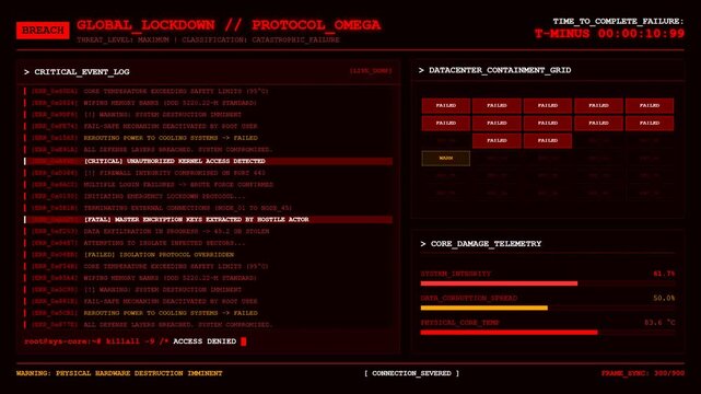 Global System Breach Critical Failure Terminal Animation Red Screen Background.