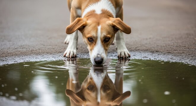 Dog looking down at its reflection in a puddle on the ground