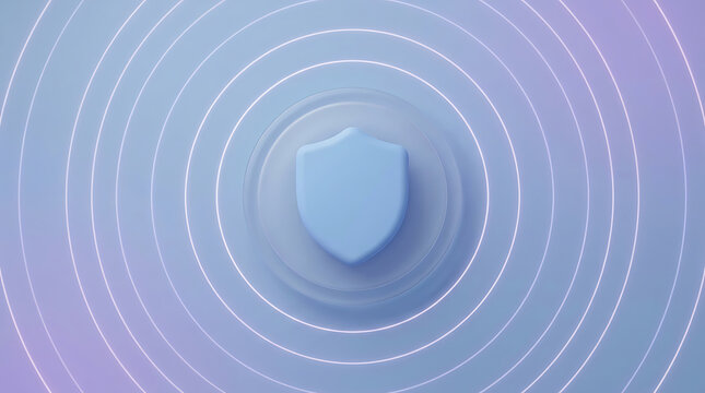 Blue security shield icon surrounded by concentric light data waves