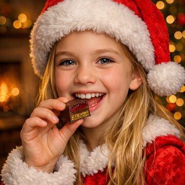Joyful young girl in Santa hat excitedly holding a layered chocolate candy, ready for a bite during Christmas celebrations.