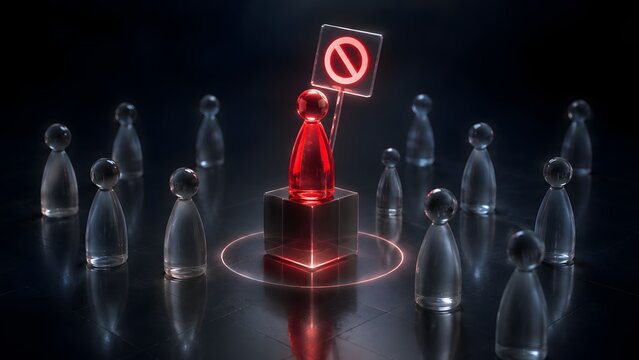 Glowing red glass figure holding a stop sign surrounded by a restricted digital circle representing cyber security and access denied
